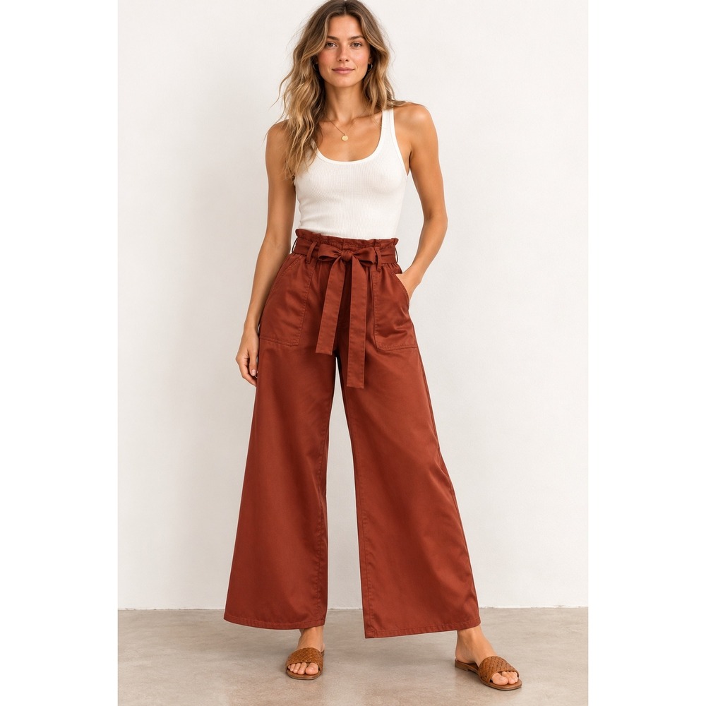 Joie Womens Rust Satin Paperbag Waist Wide Leg Belted Pants Size Medium